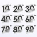 Anniversary icon set. 10, 20, 30, 40, 50, 60, 70, 80, 90 years Anniversary badges collection. Modern logos or labels design for Bi